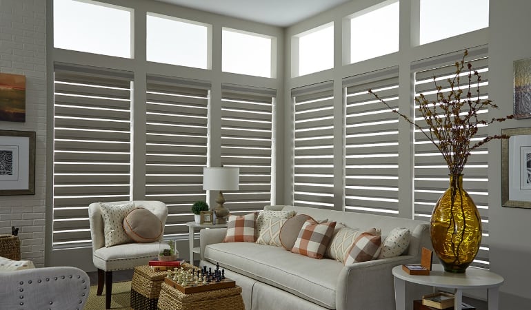 Motorized shades in a Southern California living room.